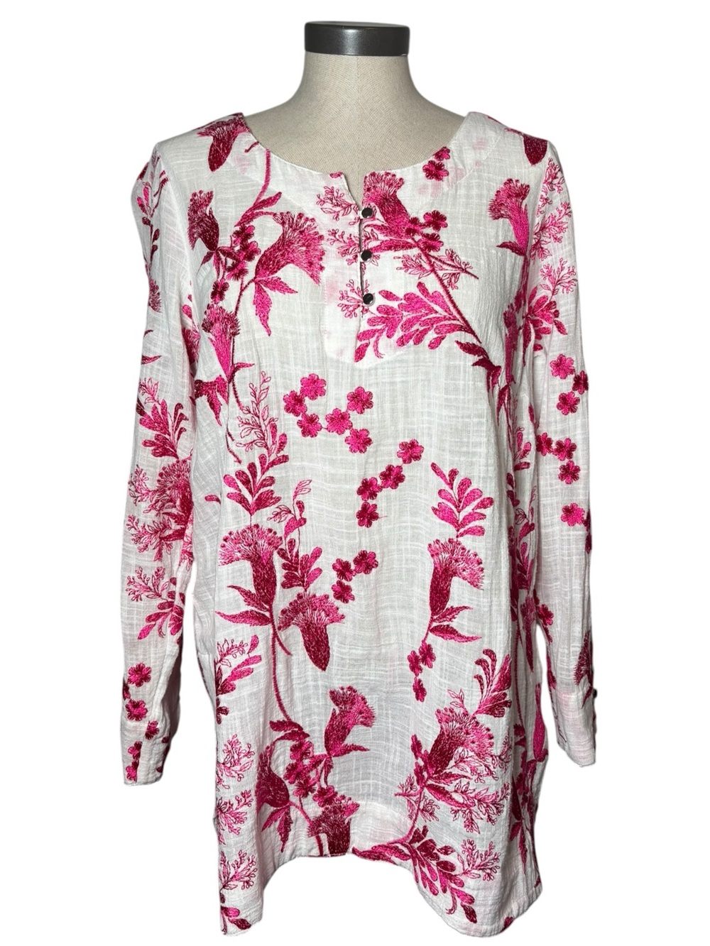 Soft Surroundings Embroidered Cotton Tunic Top Large Pink White Boho Floral